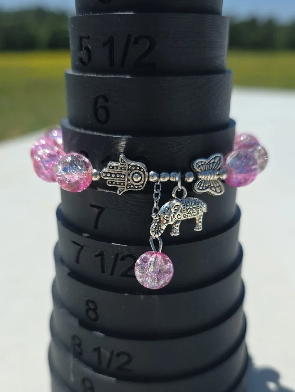 Pink Crystal Bead Charm Bracelet with Hamsa and Elephant Charms - Picture 4 of 4